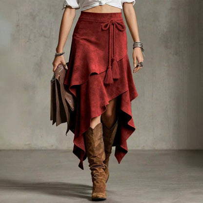 Western Faux Suede Asymmetrical Midi Skirt