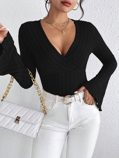 Women's Ribbed V Neck Flare Sleeve Fitted Top