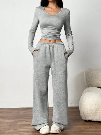 Women's Two Piece Long Sleeve Crop Top Wide Leg Pants Set