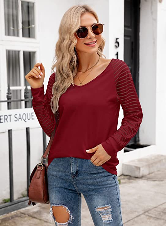 Striped Sleeve V Neck Cotton Long Sleeve Top