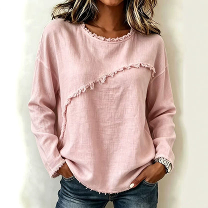 Women's Fringe Trim Crew Neck Long Sleeve Boho Top