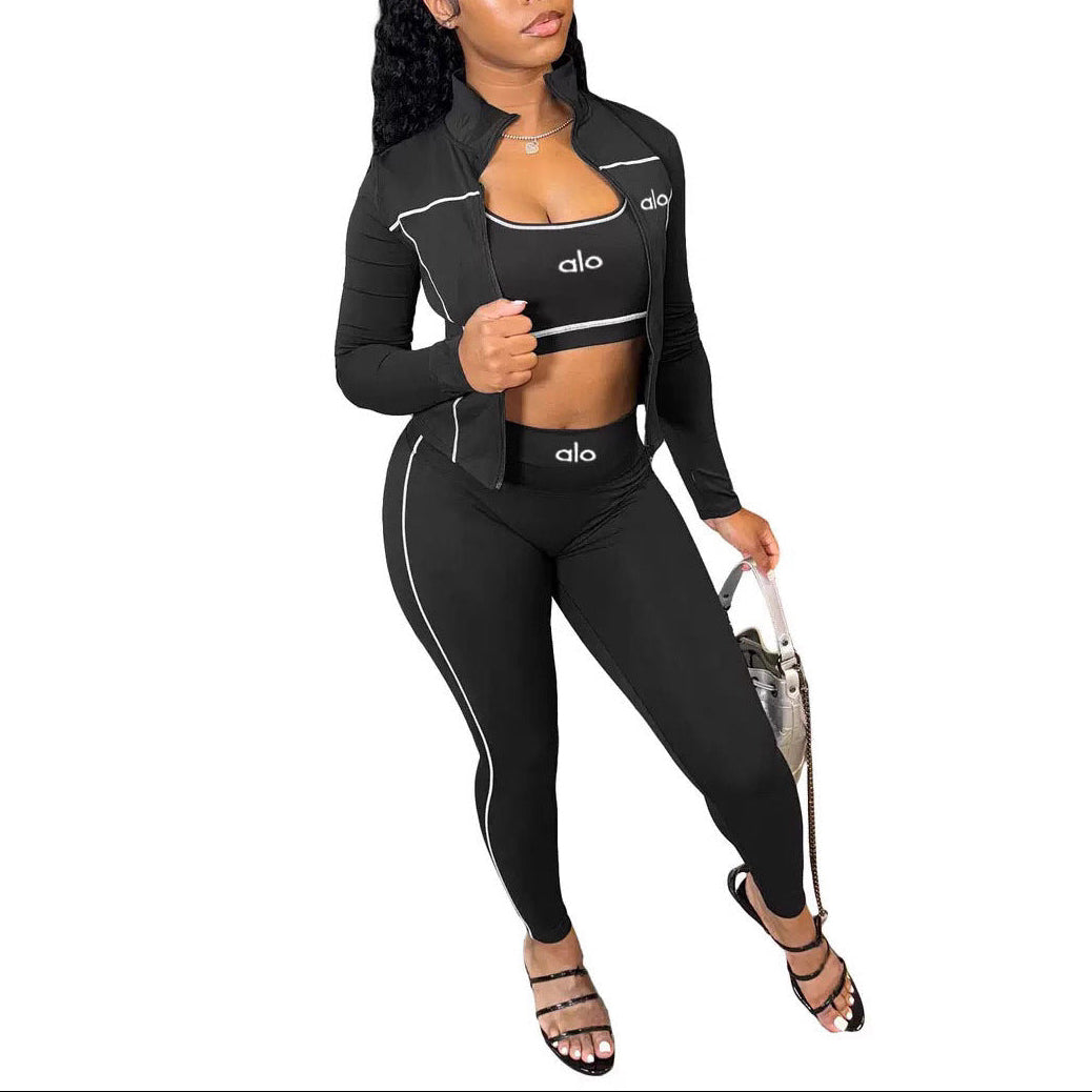 Women 3 Piece Yoga Set Zip Jacket Crop Top Leggings