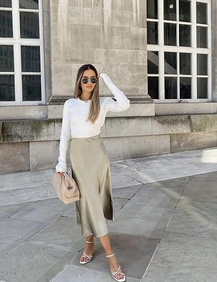 Women's Satin High-Waist Midi Skirt – Elegant Summer Slip Skirt