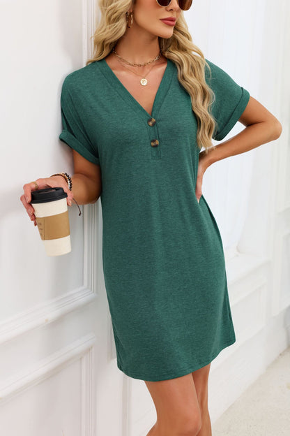 V-Neck Button Short Sleeve Mini Dress for Women