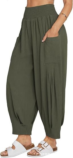 Women's Cotton Linen Harem Pants High Waist Pockets