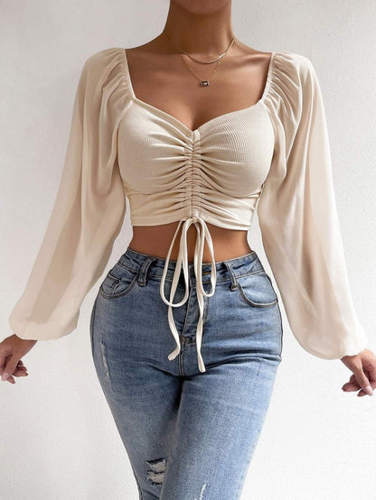 Sexy V Neck Ruched Sheer Balloon Sleeve Crop Top Blouse