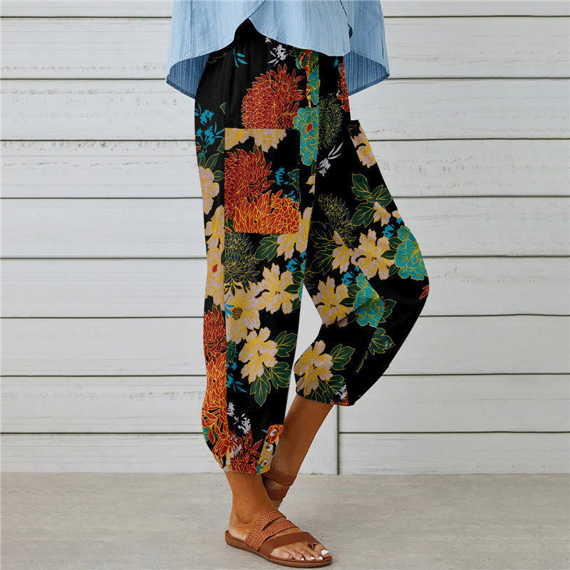 Women's Boho Floral High Waist Cotton Linen Joggers