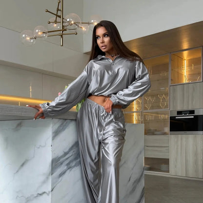 Women's Satin Zip Up Jacket Wide Leg Pants Two Piece Set