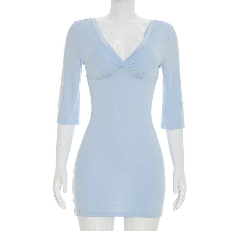 Sexy V Neck Backless Bodycon Mini Dress 3/4 Sleeve