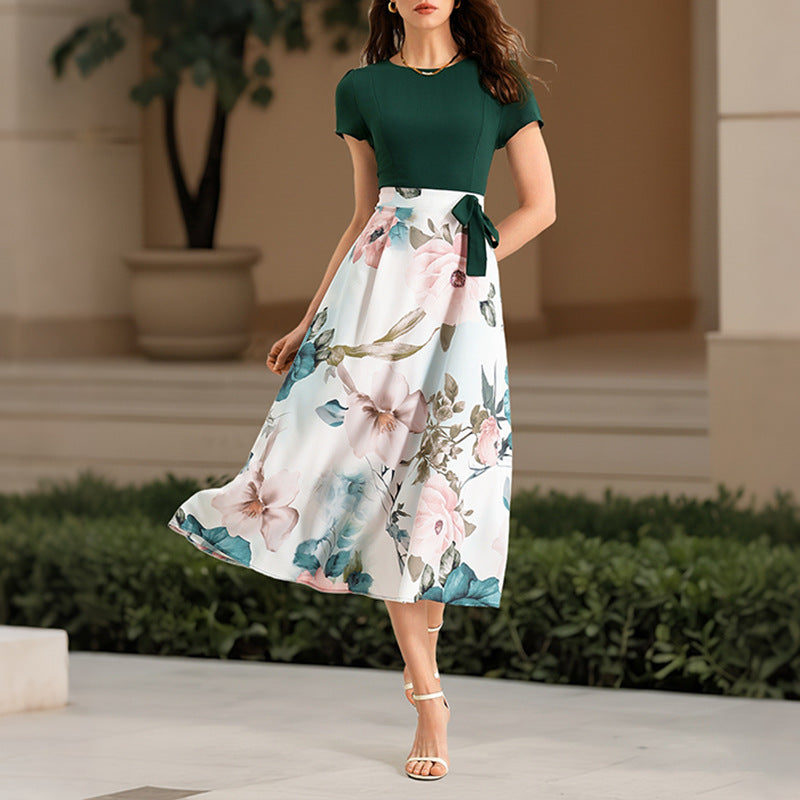 Floral Color Block Short Sleeve Midi Dress Tie Waist