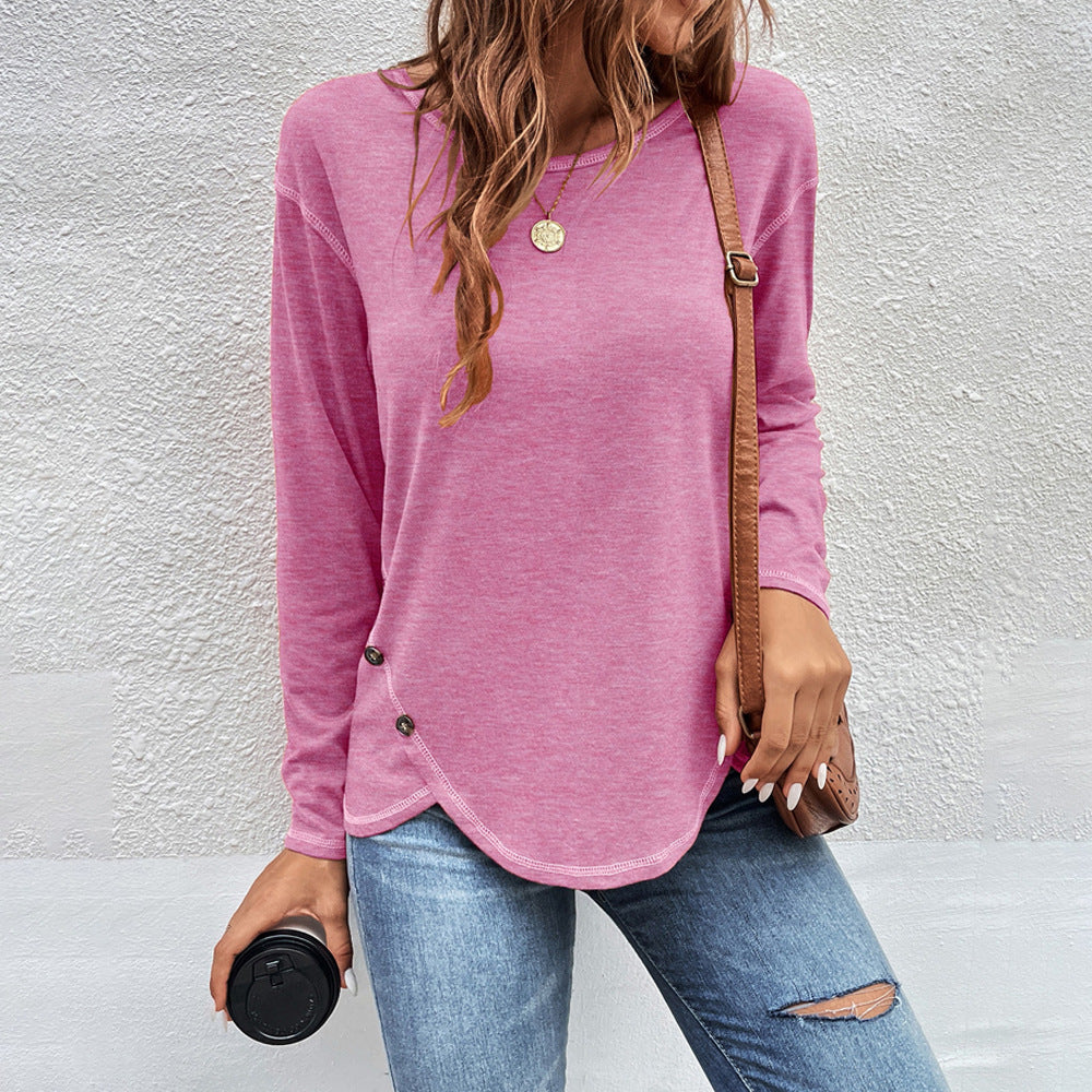 Women's Side Button Long Sleeve Curved Hem Tunic Top