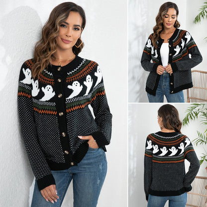 Halloween Ghost Cardigan Women Vintage Polka Dot Sweater