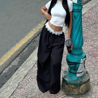 Lace Trim High Waist Baggy Cargo Pants Wide Leg