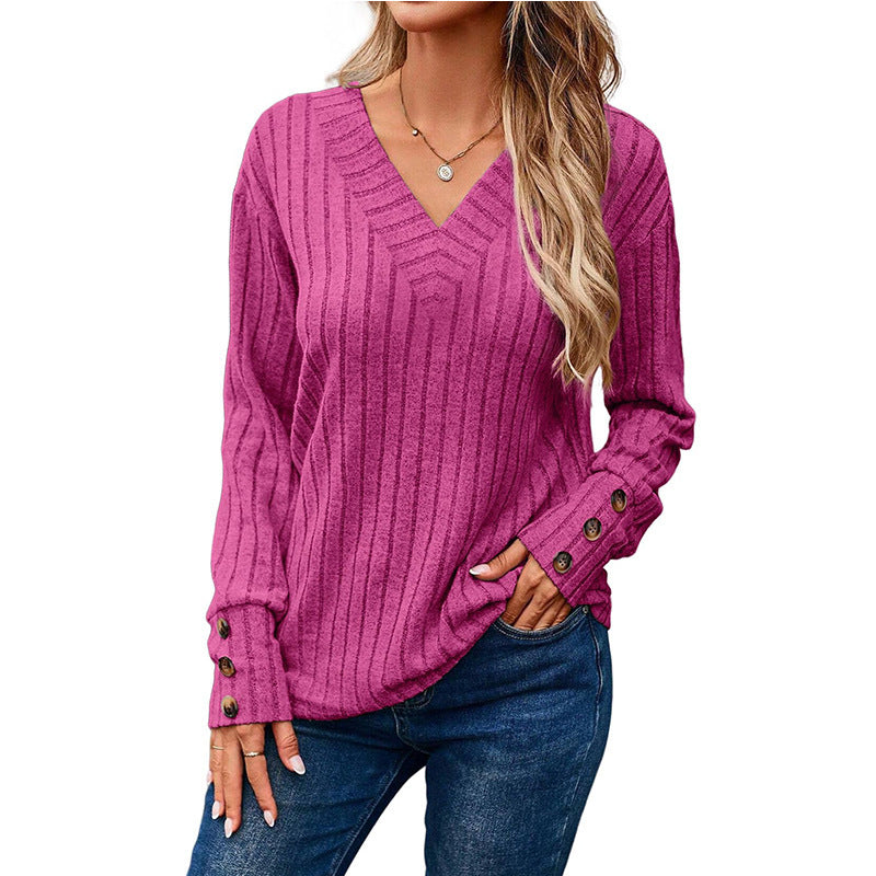 Women's V Neck Ribbed Long Sleeve Button Cuff Top