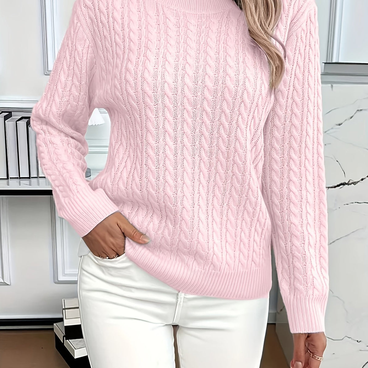 Women's Soft Cable Knit Crew Neck Pullover Sweater