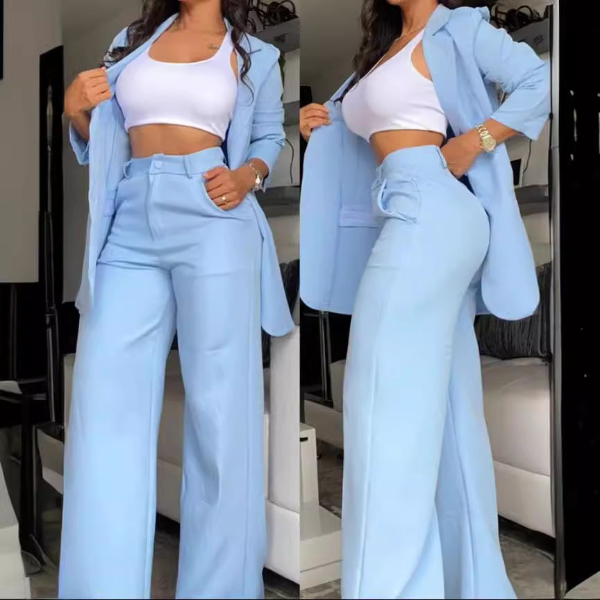 Elegant Split Sleeve Blazer Straight Pants Set