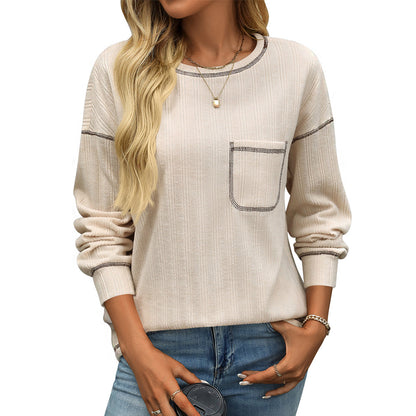 Solid Color Ribbed Brushed Long Sleeve Pocket Casual Tee