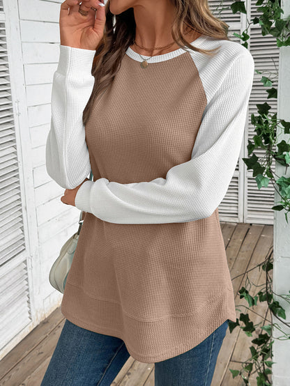 Colorblock Waffle Knit Long Sleeve Top Women Casual Tee