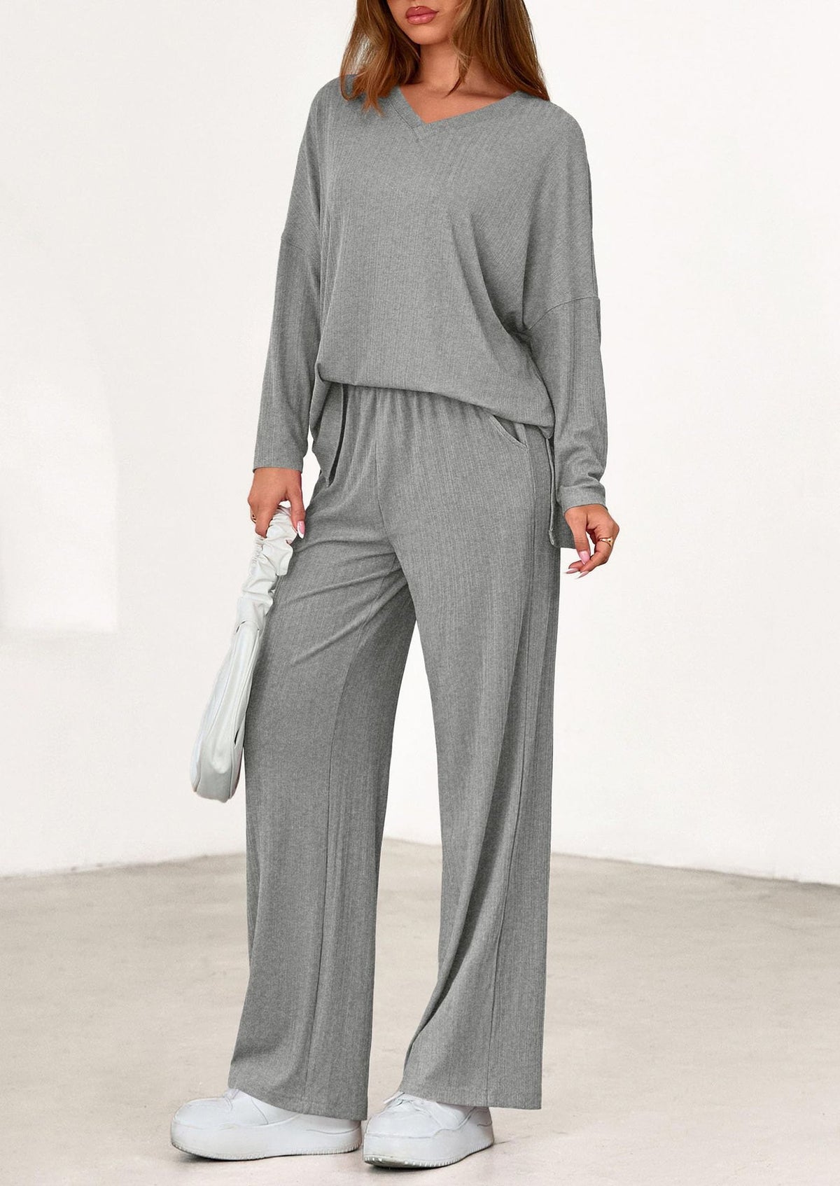 Women's Two Piece Ribbed Lounge Set Wide Leg Pants