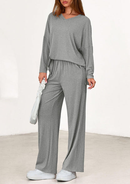 Women's Two Piece Ribbed Lounge Set Wide Leg Pants
