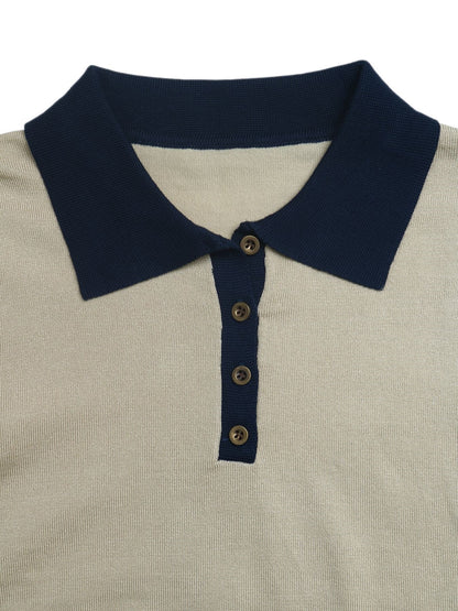 Contrast Collar Knit Sweater Long Sleeve Polo Pullover