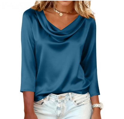 Women's Satin Cowl Neck Blouse 3/4 Sleeve Top