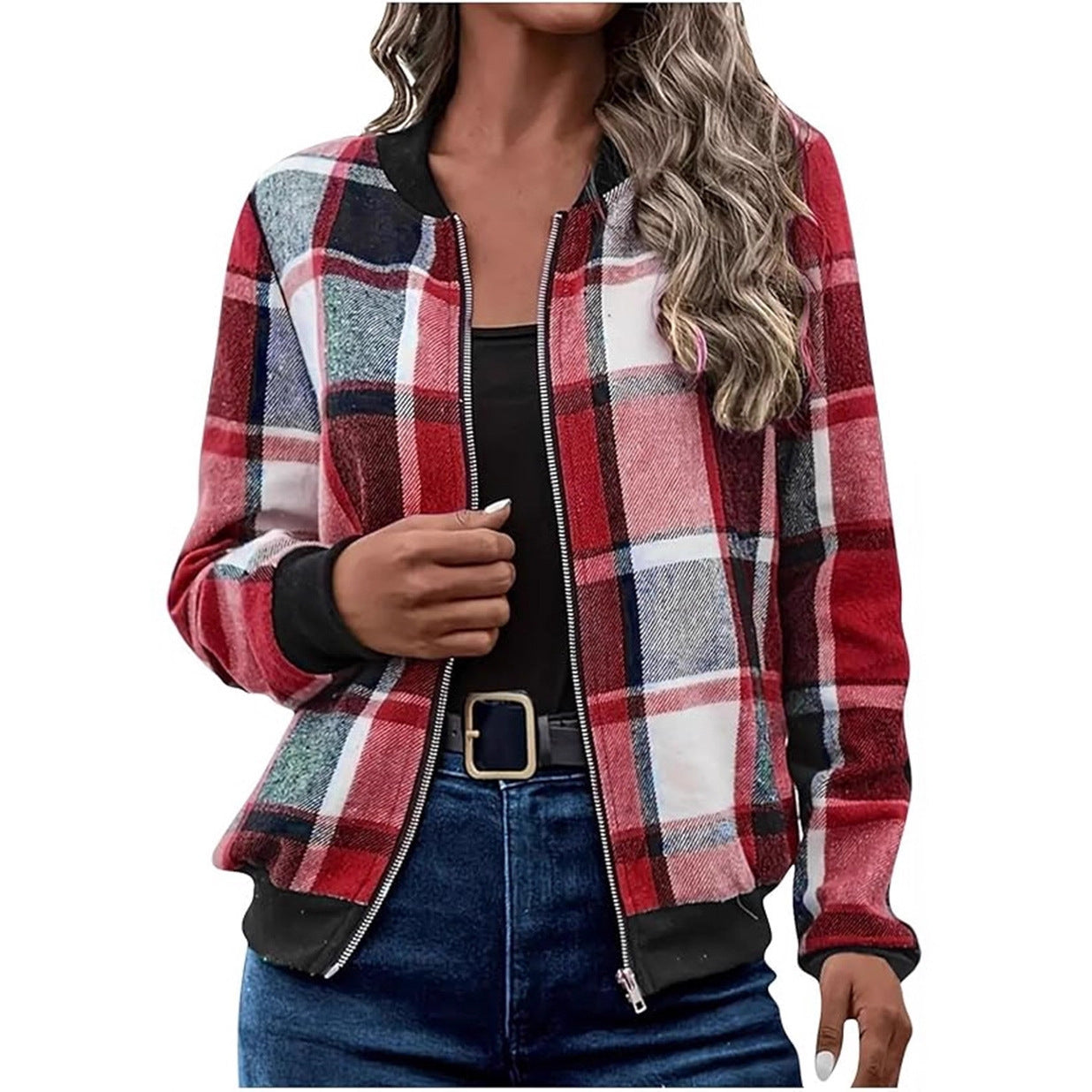 Women's Plaid Zip-Up Bomber Jacket Casual