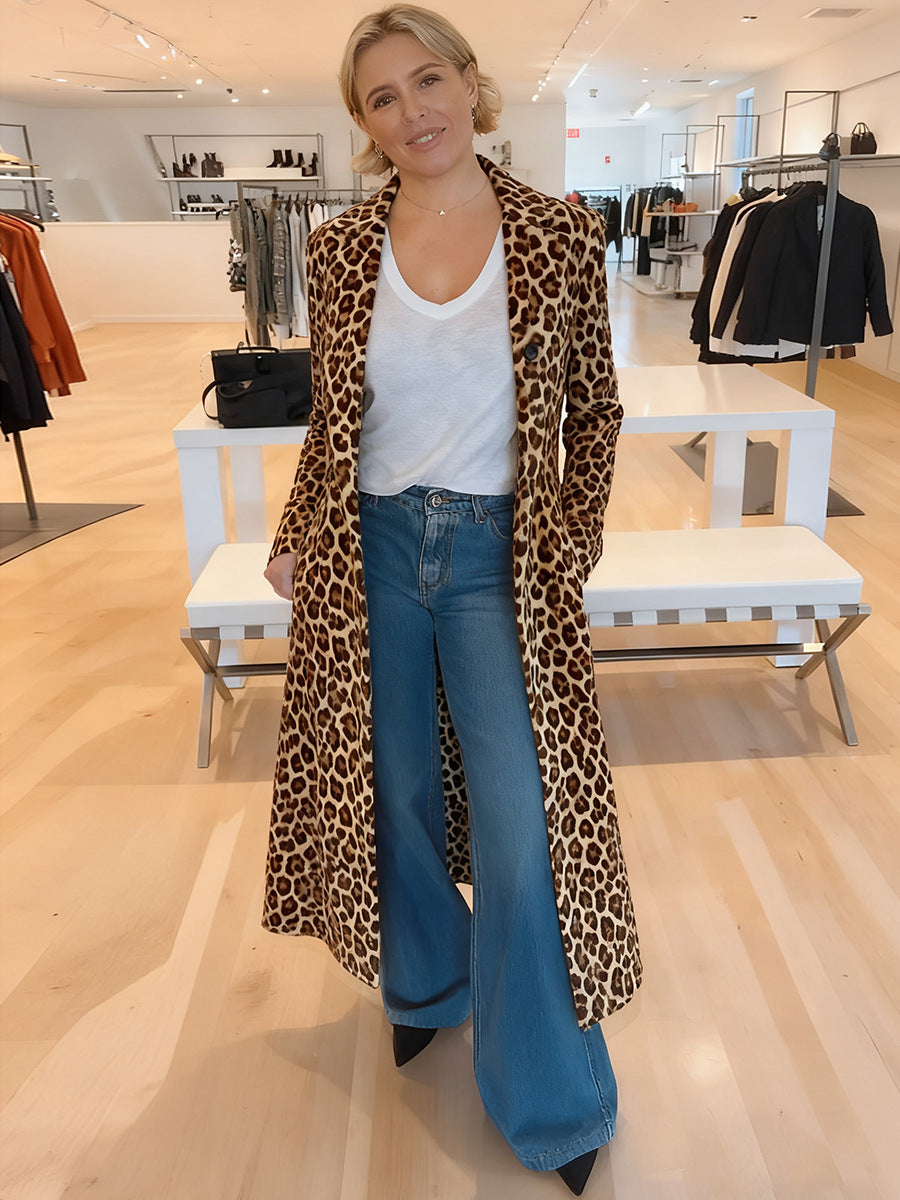 Women's Leopard Print Long Trench Coat Blazer