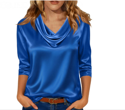 Women's Satin Cowl Neck Blouse 3/4 Sleeve Top