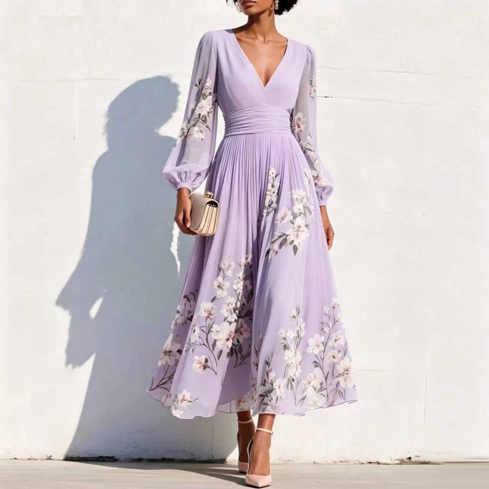 Floral V Neck Pleated Long Sleeve Maxi Dress