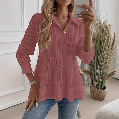 Women's Tiered Collared Long Sleeve Button Down Blouse