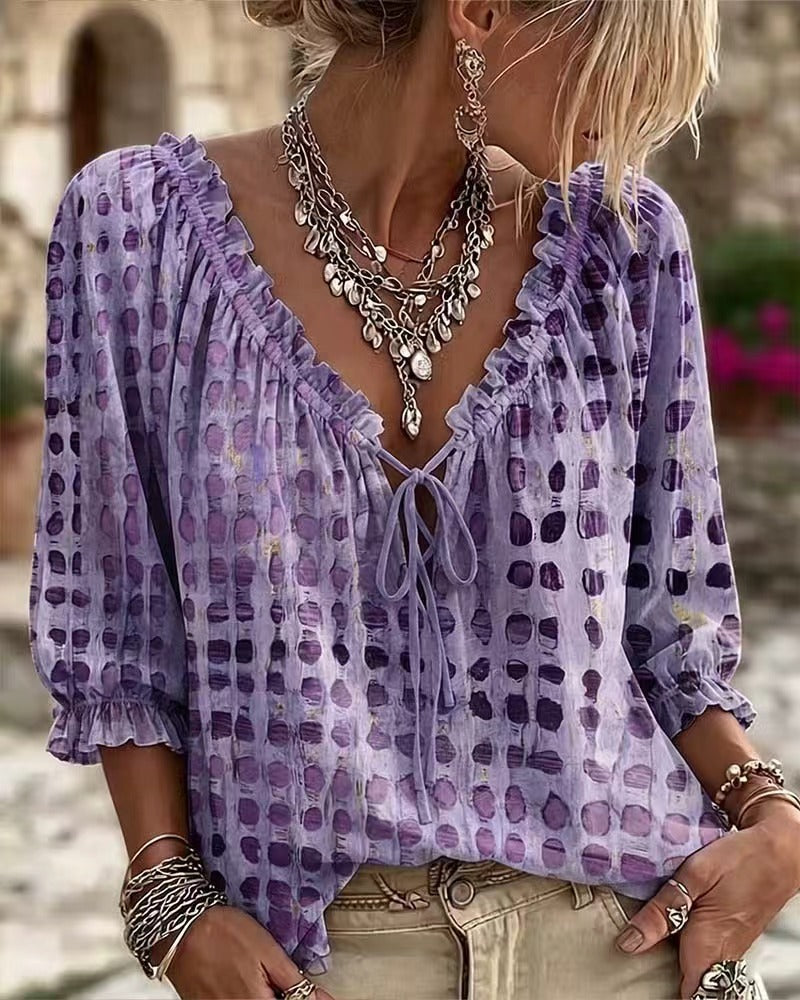 Boho Polka Dot Tie Front V Neck 3/4 Sleeve Blouse