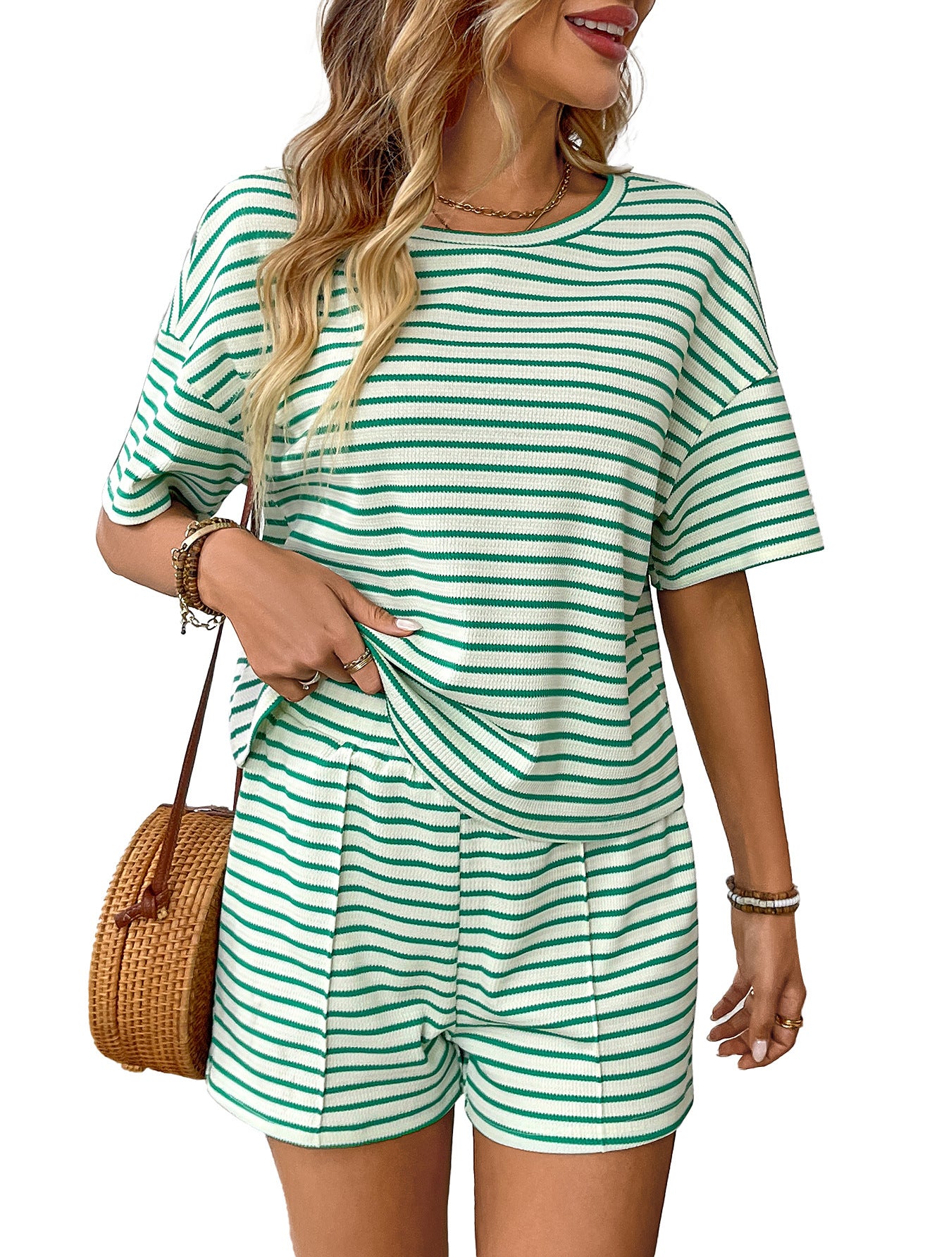 Womens Striped Lounge Set Casual Tee and Shorts Set
