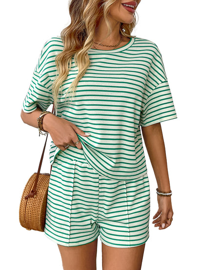 Womens Striped Lounge Set Casual Tee and Shorts Set
