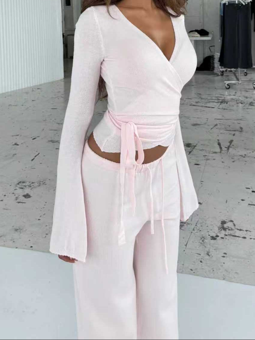 Women's Two Piece Bell Sleeve Wrap Top Wide Leg Pants Set