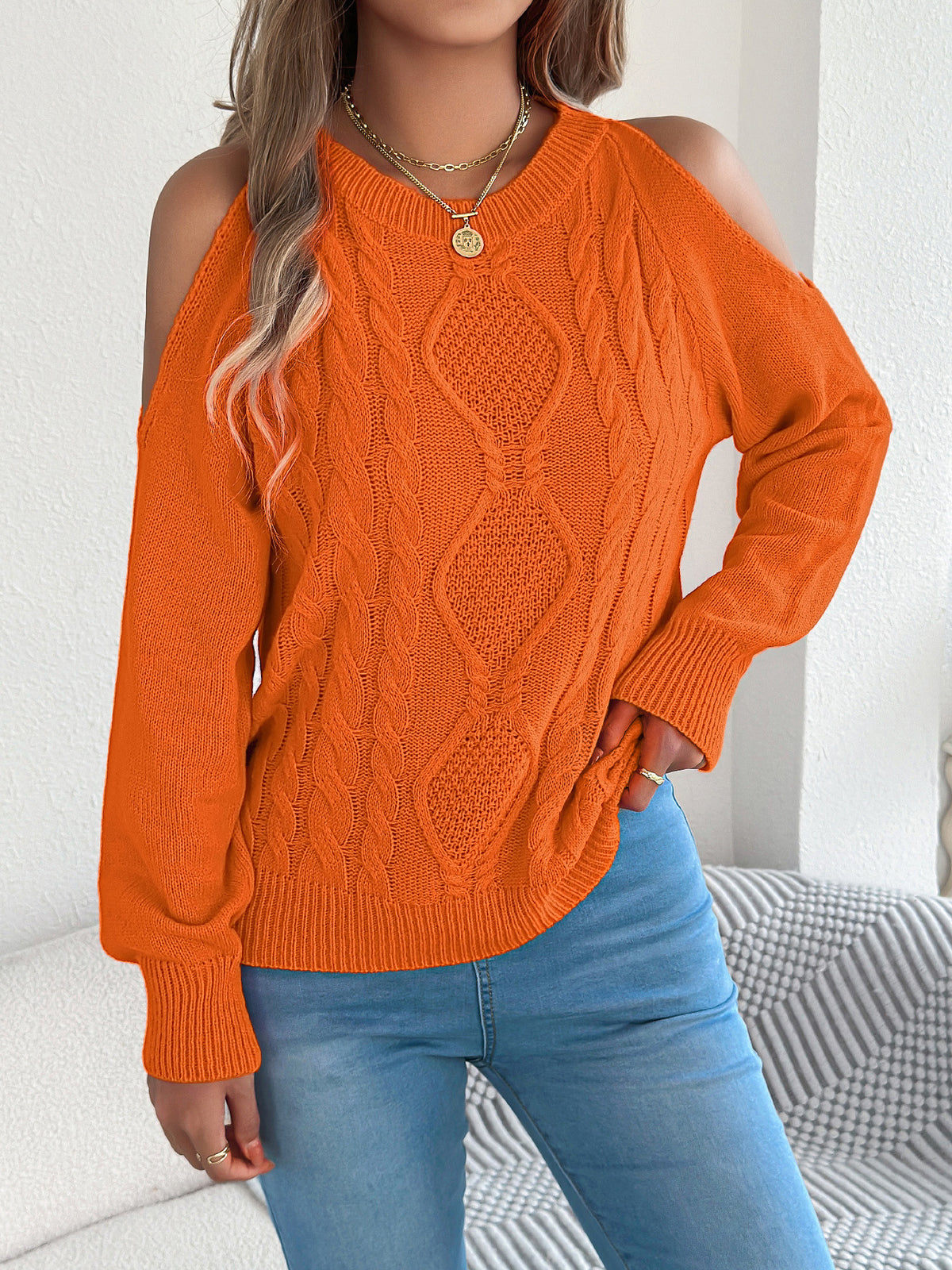 Women's Cold Shoulder Cable Knit Pullover Sweater