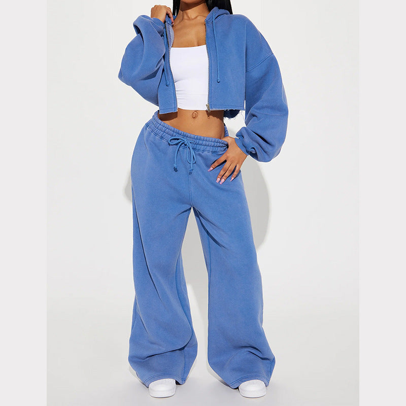 Women's Two Piece Crop Zip Hoodie Wide Leg Sweatpants Set