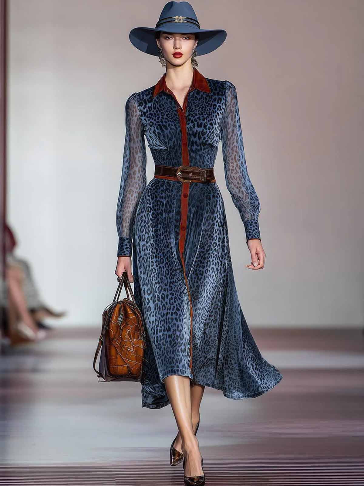 Blue Leopard Print Long Sleeve Shirt Midi Dress