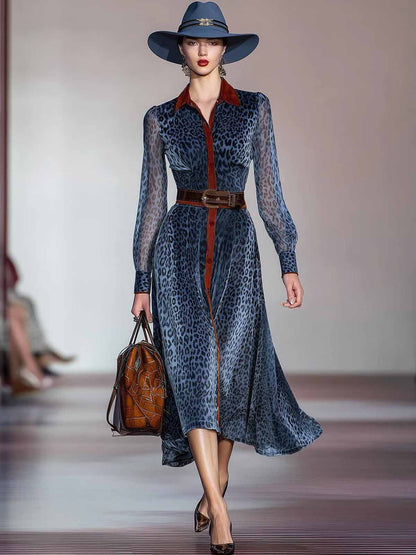 Blue Leopard Print Long Sleeve Shirt Midi Dress