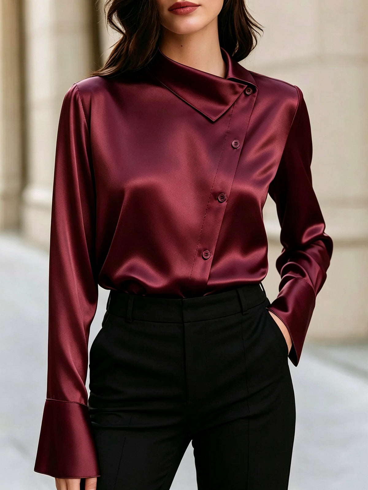 Women's Satin Asymmetric Button Down Blouse Long Sleeve