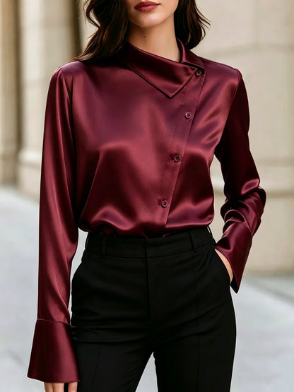 Women's Satin Asymmetric Button Down Blouse Long Sleeve