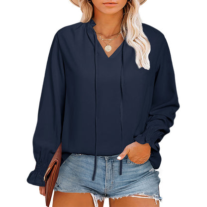 Spring and Summer New V-neck Lantern Sleeve Simple Loose Cover Tummy Blouse