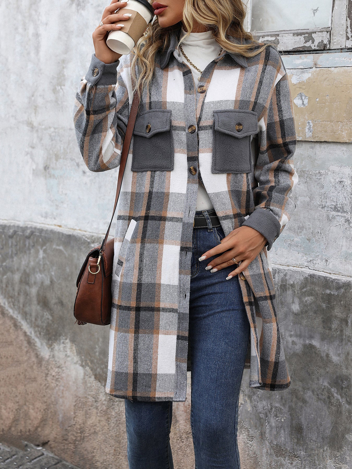 Plaid Shirt Jacket for Women - Long Button Front Coat