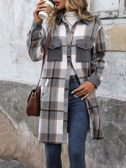 Plaid Shirt Jacket for Women - Long Button Front Coat