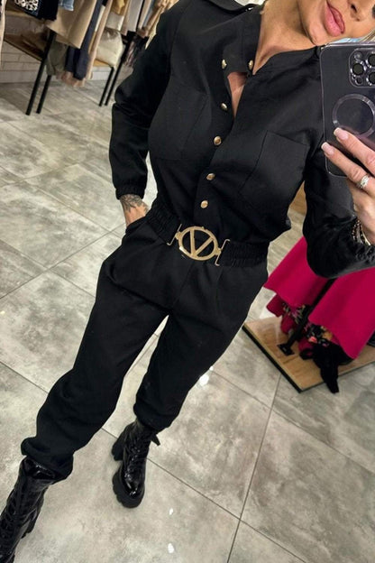 Women's Belted Shirt Jumpsuit Long Sleeve Tapered Pockets