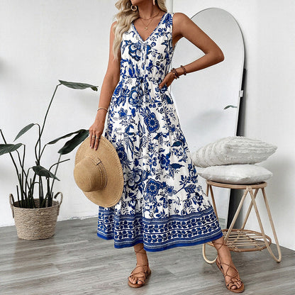 Boho Blue Floral V Neck Sleeveless Maxi Dress