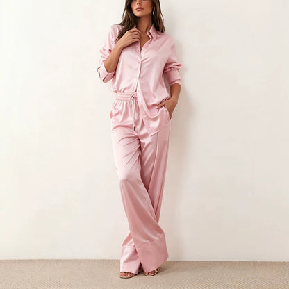 Women's Satin Shirt Wide Leg Pants Two Piece Set