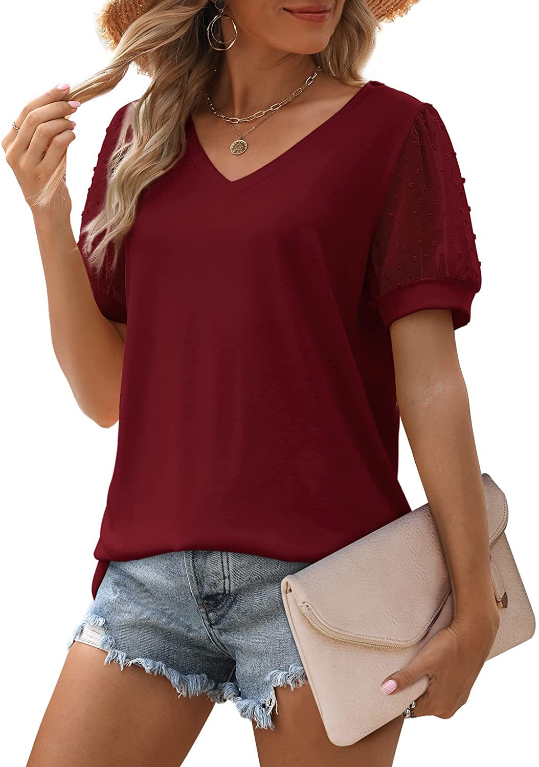 Women's V-Neck Sheer Puff Sleeve Cotton Blend Top