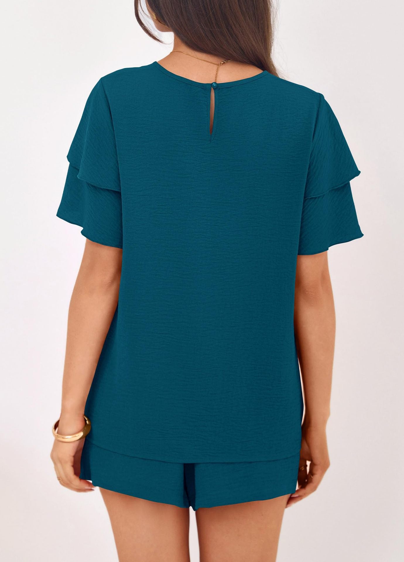 Solid Lounge Set Ruffle Sleeve Top Shorts 2 Piece Set