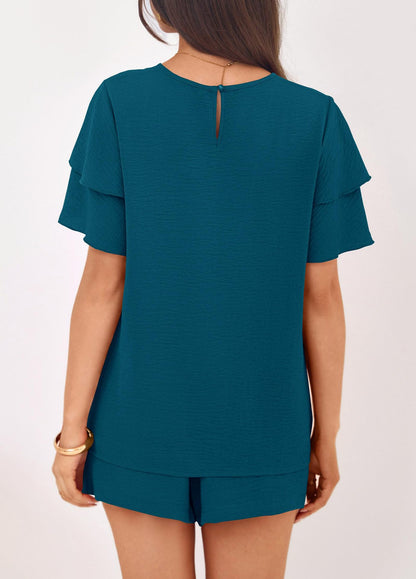 Solid Lounge Set Ruffle Sleeve Top Shorts 2 Piece Set